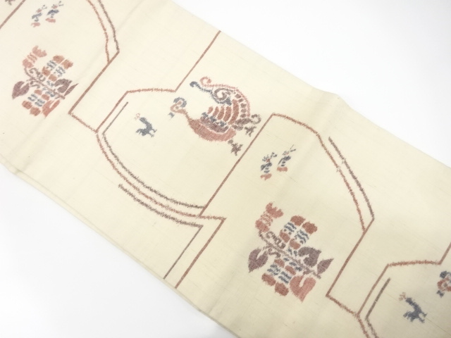 手織り紬　花鳥模様織り出し　名古屋帯